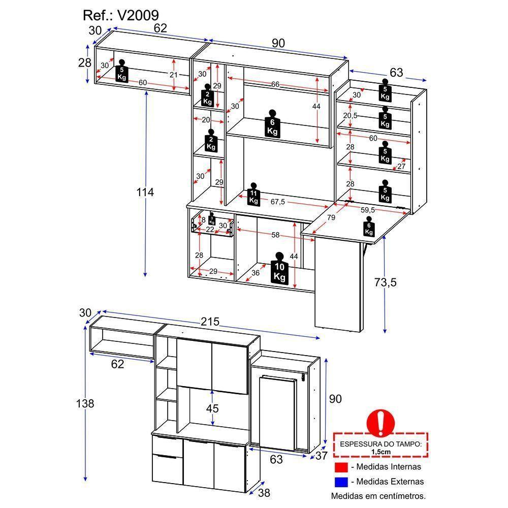 Armário De Cozinha Compacta Com Mesa Dobrável Sofia Multimóveis V2009 Branco/Preto Branco/Preto - 5