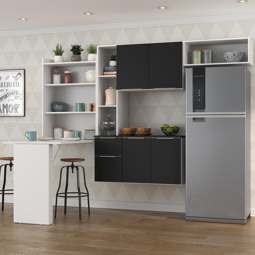 Armário De Cozinha Compacta Com Mesa Dobrável Sofia Multimóveis V2008 Branco/Preto Branco/Preto - 7