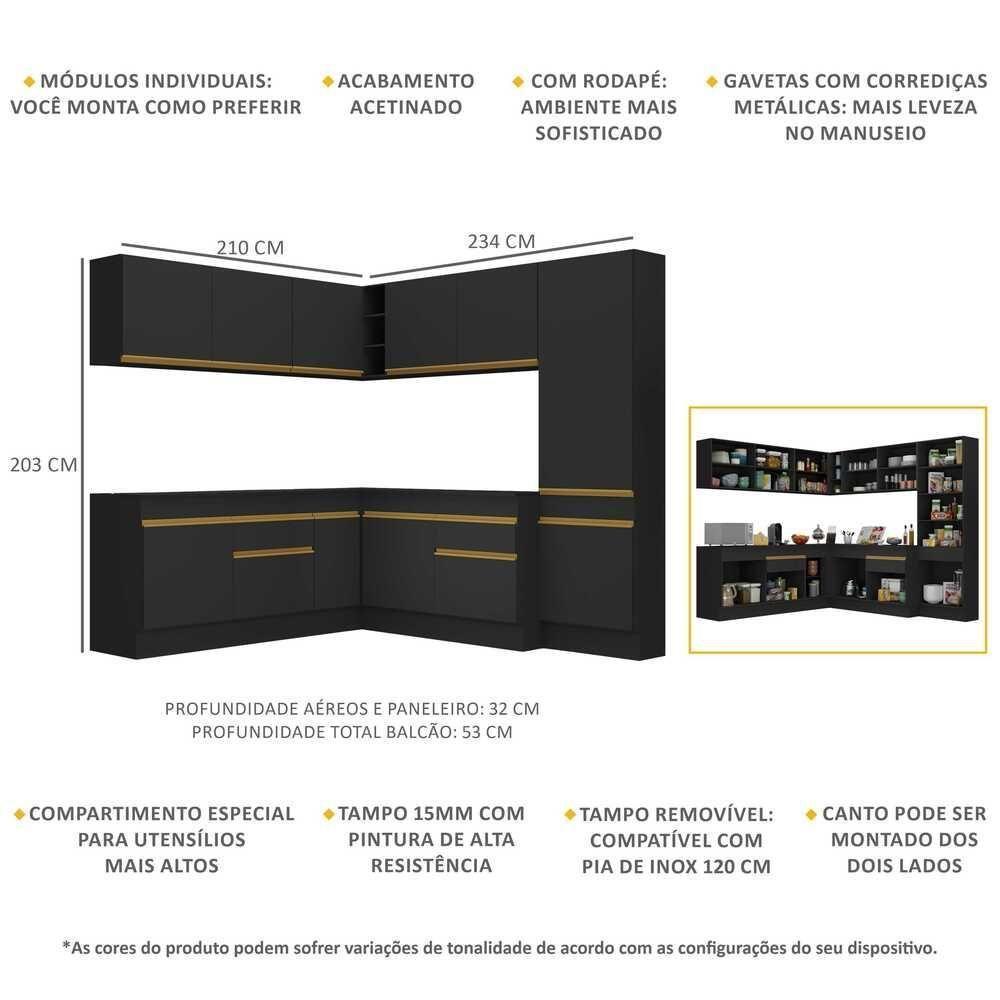 Cozinha Completa De Canto Mp2102 Com Armário E Balcão Preta - 6