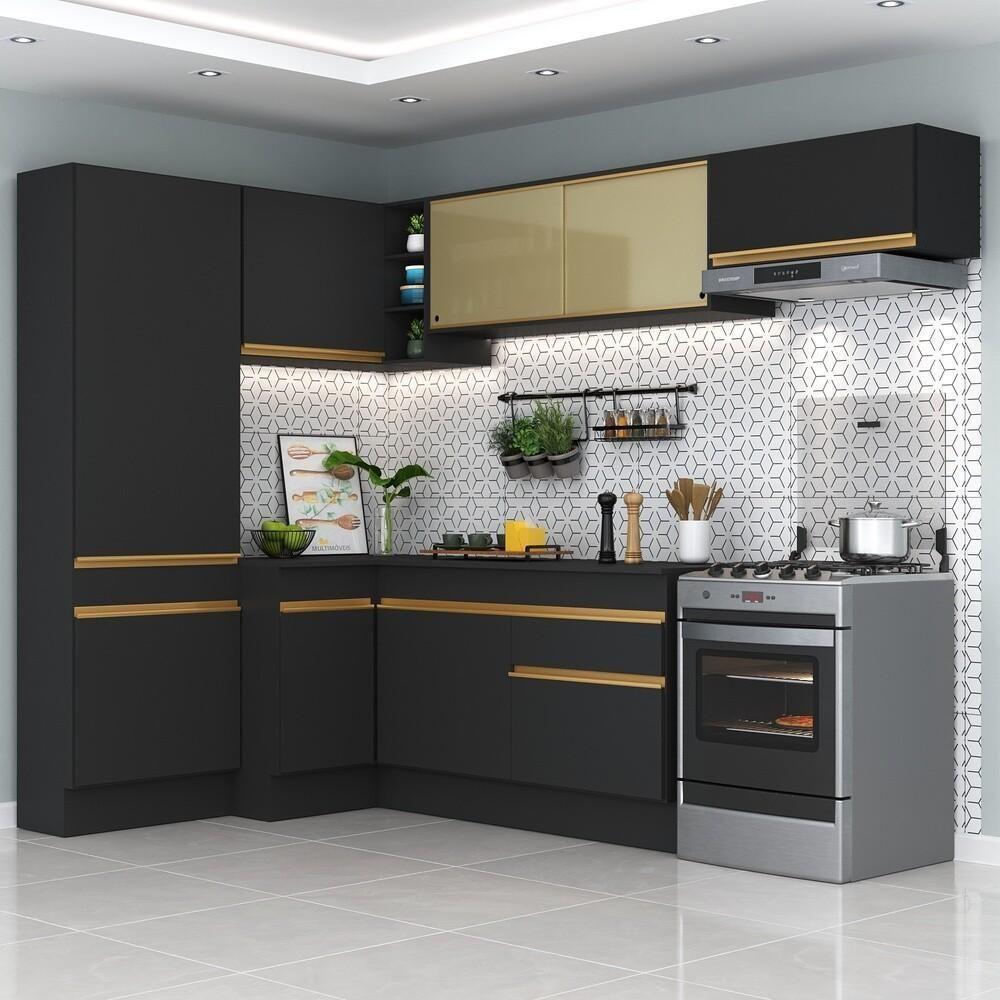 Cozinha Completa De Canto Mp2087 Com Armário E Balcão Preta - 1