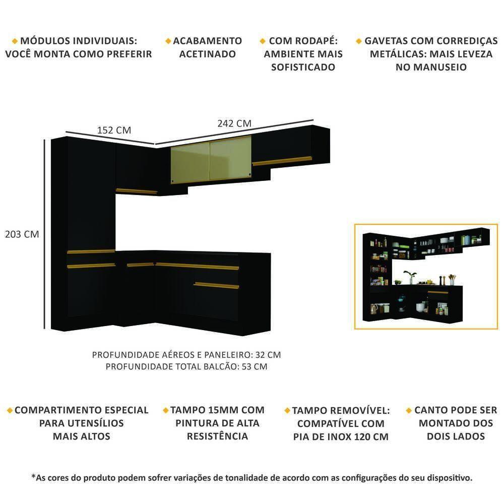 Cozinha Completa De Canto Mp2087 Com Armário E Balcão Preta - 6