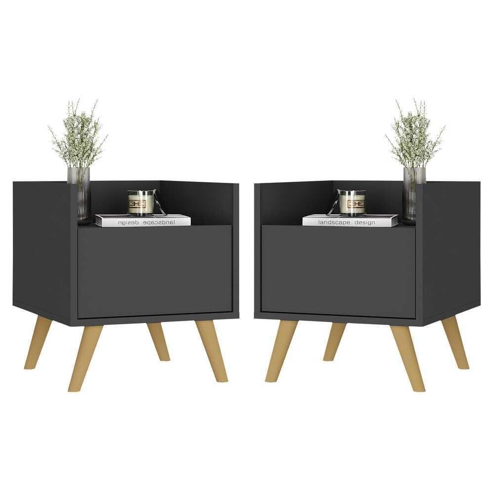 Kit Com 2 Mesas De Cabeceira 40Cm Retrô Multimóveis V4044 Preta/Natural Preto/Natural - 1