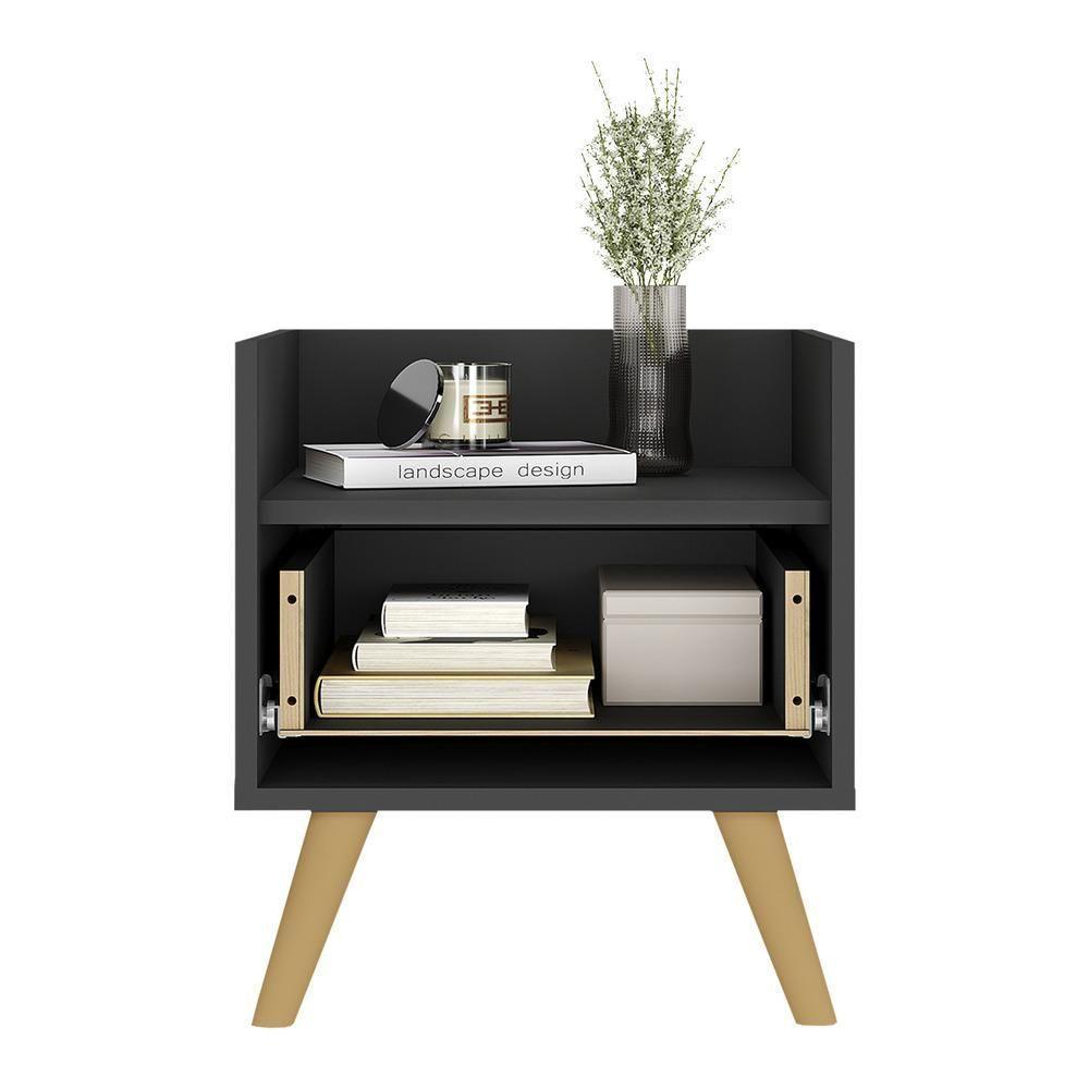 Kit Com 2 Mesas De Cabeceira 40Cm Retrô Multimóveis V4044 Preta/Natural Preto/Natural - 3