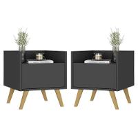 Kit Com 2 Mesas De Cabeceira 40Cm Retrô Multimóveis V4044 Preta/Natural Preto/Natural - 1