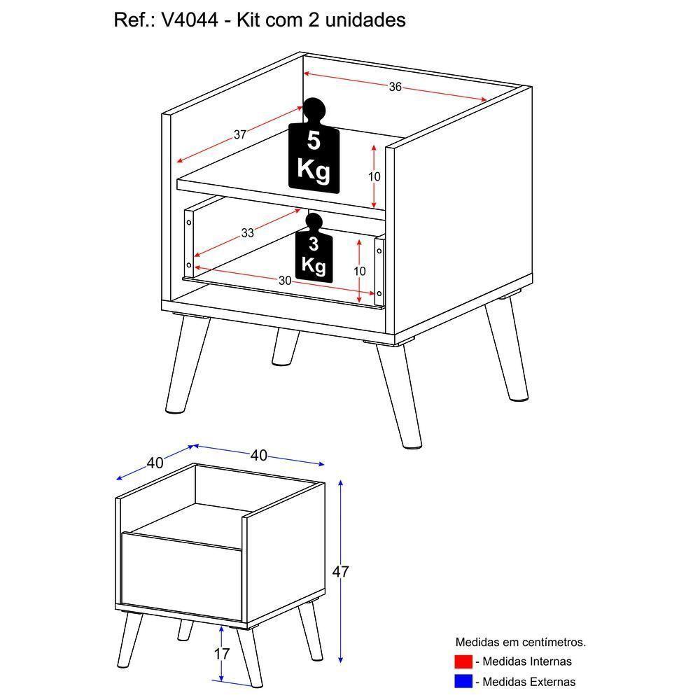 Kit Com 2 Mesas De Cabeceira 40Cm Retrô Multimóveis V4044 Preta Preto - 4