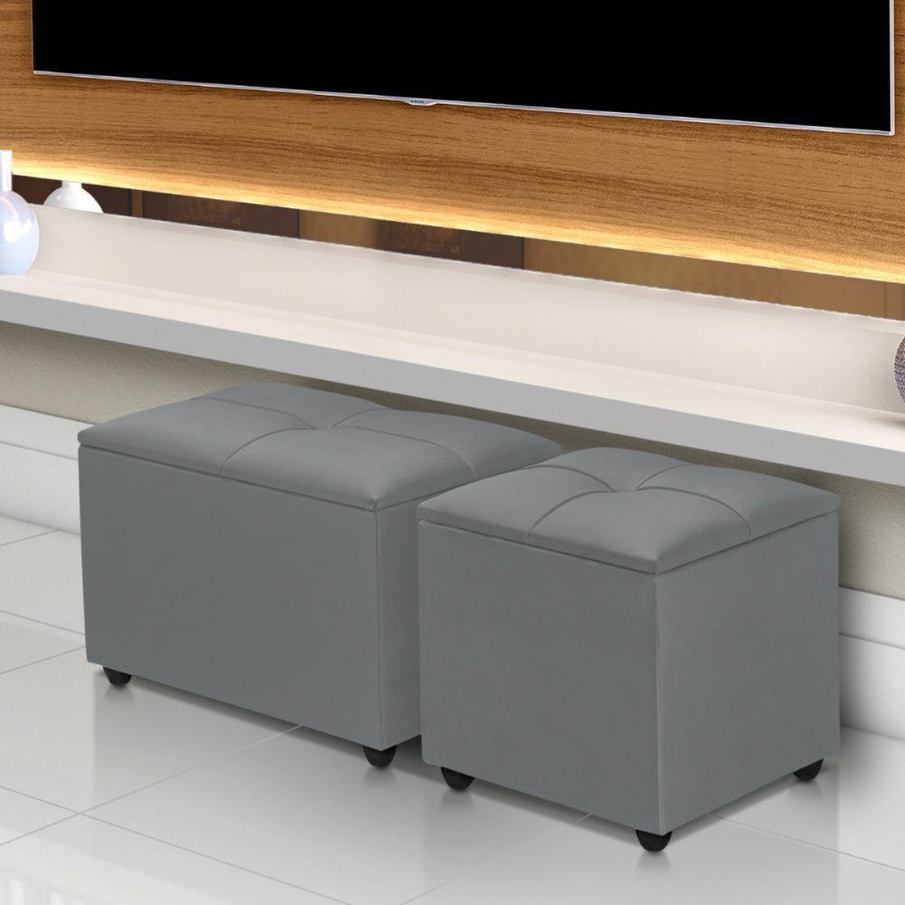 Baú Organizador Em Veludo C- Tampo Estofado E Madeira Forte Cinza - 3