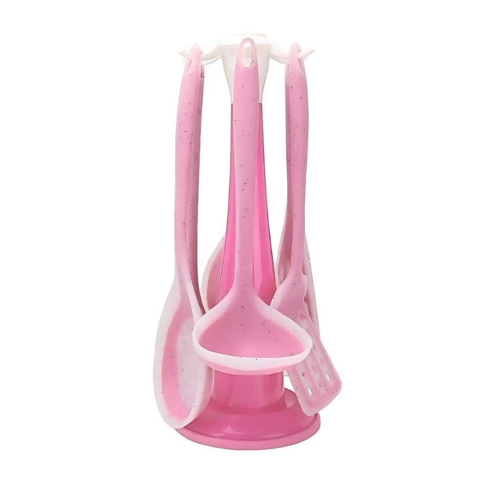 Kit 7 Peças Utensílios Cozinha Silicone Resistente Durável Rosa - 1