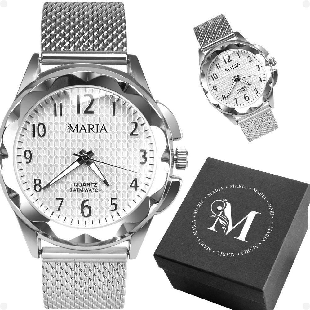 Relogio Feminino Silicone Aco Inox Prata Prova Dagua + Caixa Strass Ajustavel Moda Original Social - 1