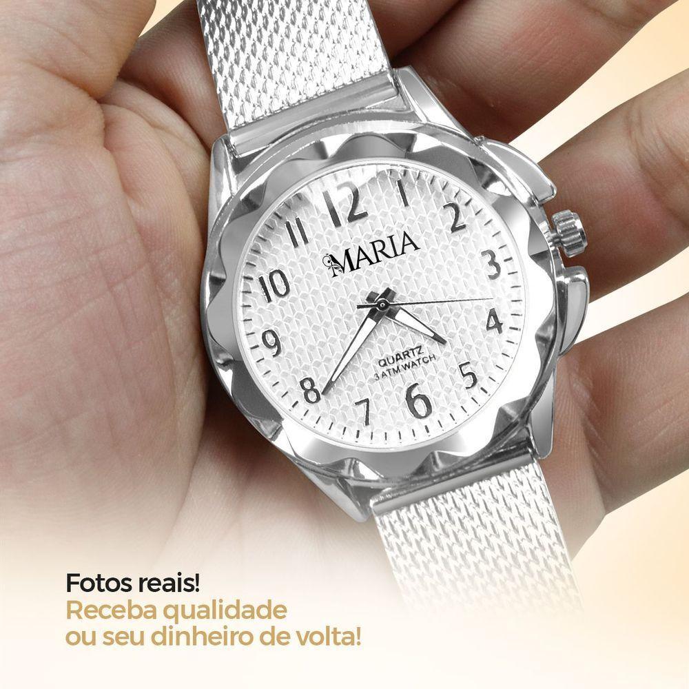 Relogio Feminino Silicone Aco Inox Prata Prova Dagua + Caixa Strass Ajustavel Moda Original Social - 4