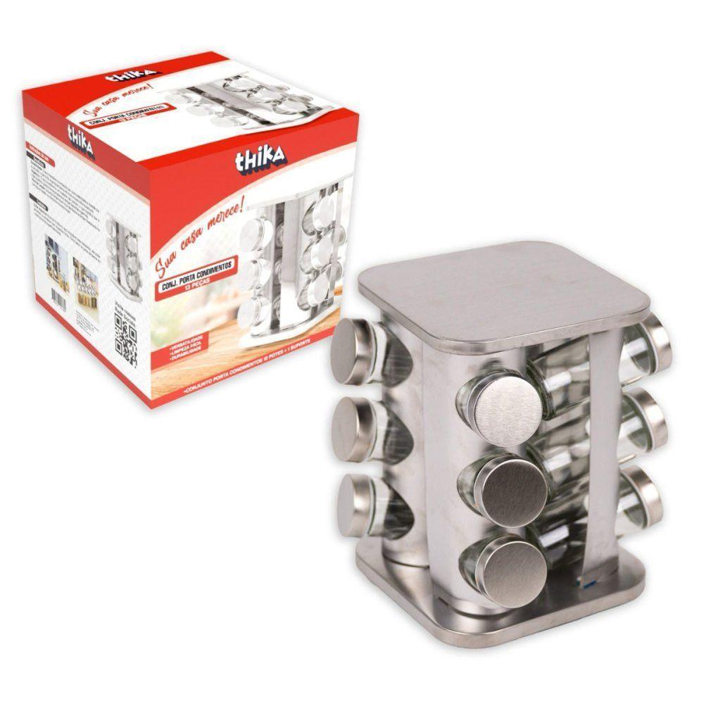 Porta Condimentos E Temperos Giratório Com 12 Potes Em Aço Inox E Vidro - 1