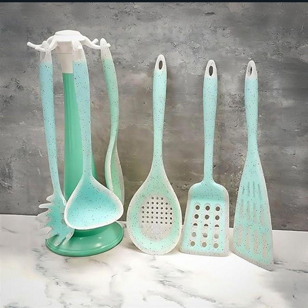 Kit 7 Peças Utensílios Cozinha Silicone Resistente Durável Verde Água - 2