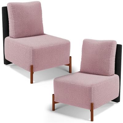Kit 02 Poltronas Decorativas Sala De Estar Living Hungria L02 Couríssimo Preto Bouclê Rosê - Lyam