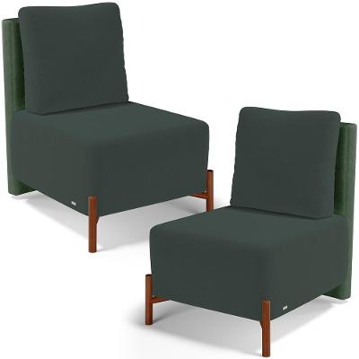 Kit 02 Poltronas Decorativas Sala De Estar Living Pés Madeira Hungria L02 Couríssimo Verde Suede Verde Musgo - Lyam