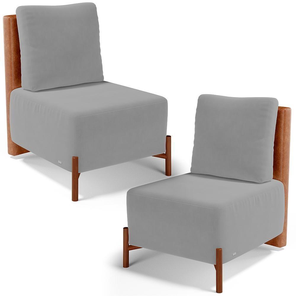Kit 02 Poltronas Decorativas Sala De Estar Living Hungria L02 Couríssimo Camel Suede Cinza - Lyam - 1