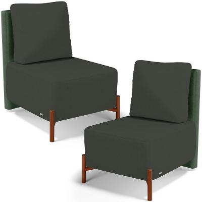 Kit 02 Poltronas Decorativas Sala De Estar Living Pés Madeira Hungria L02 Couríssimo Verde Linho Verde Musgo - Lyam