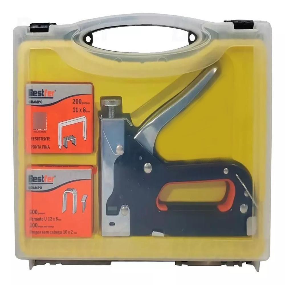 Kit Grampeador Pinador De Tapeceiro Profissional Maleta Kit Completo 4 A 14mm 300 Grampos Pregos Estofado Madeira - 7