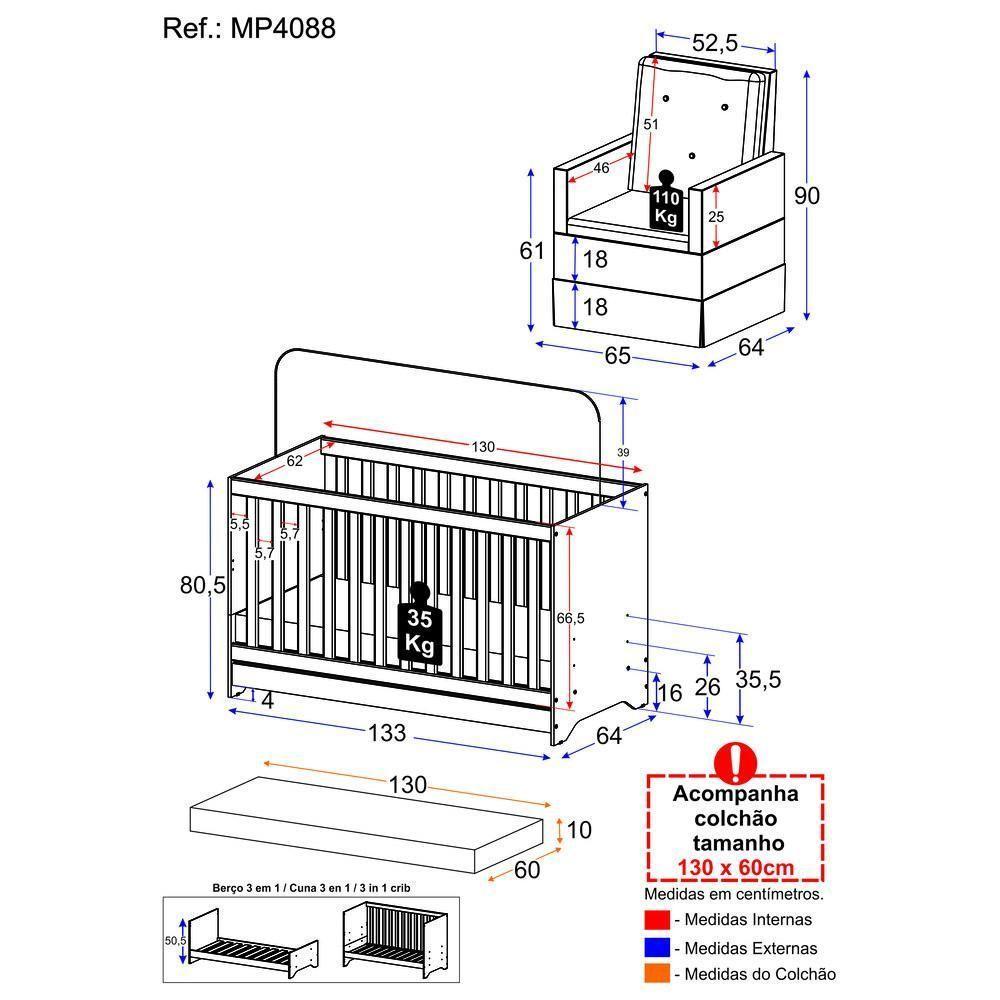 Berço 3X1 Com Colchão Incluso E Poltrona De Amamentação Elza Mp4088 Branco/Bege Branco/Bege - 3