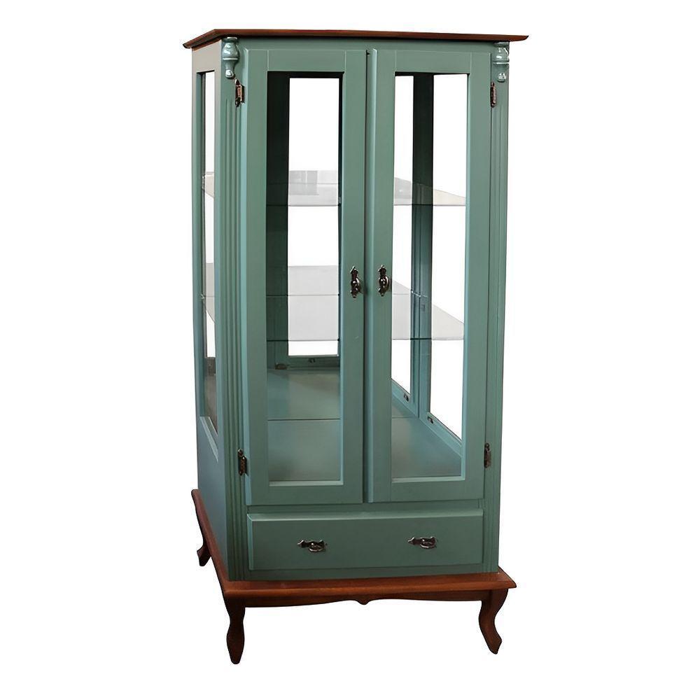 Cristaleira Rústica De Madeira 2 Portas E 1 Gaveta - Pés Luiz Xv - Verde Kalle Laca Com Tampo E Base Imbuia Glazer - 1