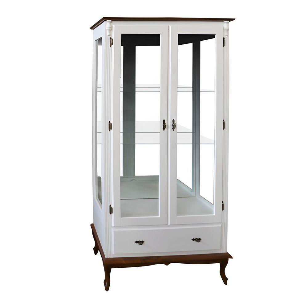 Cristaleira Rústica De Madeira 2 Portas E 1 Gaveta - Pés Luiz Xv - Branco Laca Com Tampo E Base Imbuia Glazer - 1