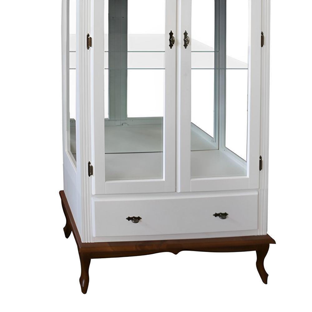 Cristaleira Rústica De Madeira 2 Portas E 1 Gaveta - Pés Luiz Xv - Branco Laca Com Tampo E Base Imbuia Glazer - 3