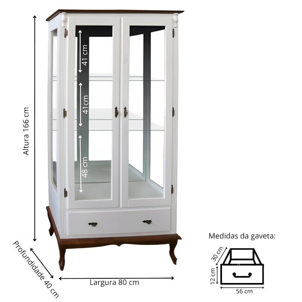 Cristaleira Rústica De Madeira 2 Portas E 1 Gaveta - Pés Luiz Xv - Branco Laca Com Tampo E Base Imbuia Glazer - 4
