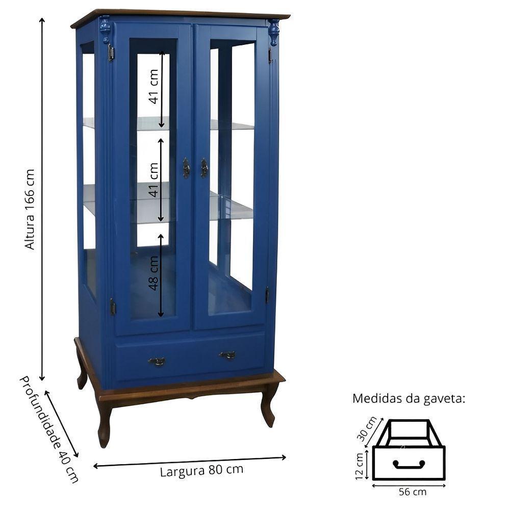 Cristaleira Rústica De Madeira 2 Portas E 1 Gaveta - Pés Luiz Xv - Azul Bic Com Tampo E Base Imbuia Glazer - 2