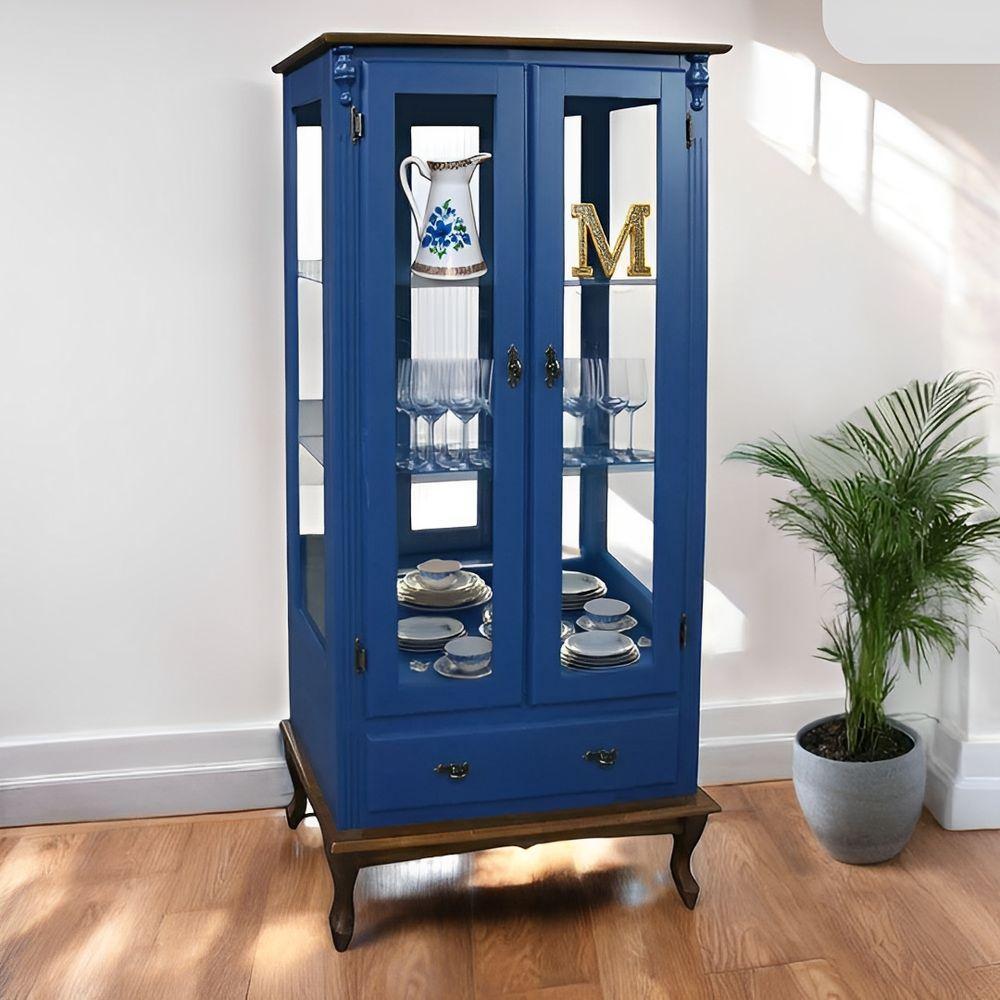 Cristaleira Rústica De Madeira 2 Portas E 1 Gaveta - Pés Luiz Xv - Azul Bic Com Tampo E Base Imbuia Glazer - 3