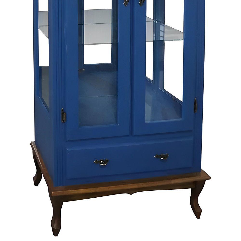Cristaleira Rústica De Madeira 2 Portas E 1 Gaveta - Pés Luiz Xv - Azul Bic Com Tampo E Base Imbuia Glazer - 5