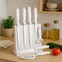 Conjunto De Facas De Cozinha Ceramica Branca 7 Peças Kit Profissional Churrasco Carnes Paes Pizza Com Descascador Frutas - 3