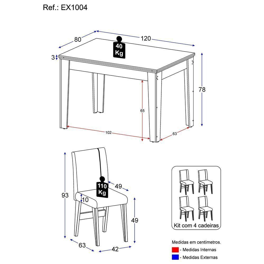 Conjunto Mesa De Jantar 120 Cm Com 4 Cadeiras Tokio Multimóveis Ex1004 Madeirado/Preto/Castor - 4