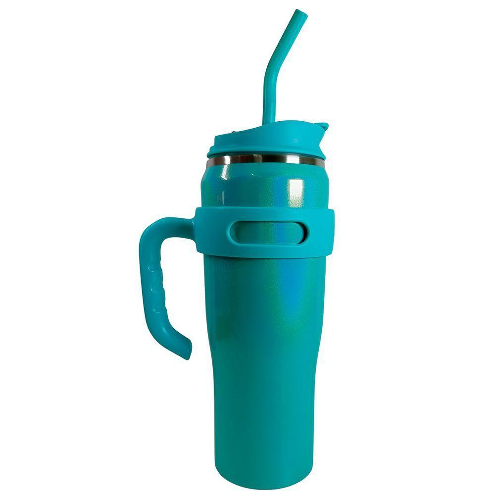 Copo Térmico Inox Com Alça Canudo Esmaltado Glitter Azul Claro - 1