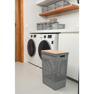 Cesto De Roupa Grid Chumbo 49 L Com Tampa De Bambu 38 X 28 X 55,6 Cm