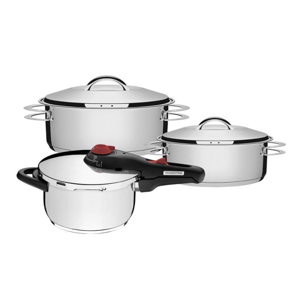 Caçarola Rasa Solar 2 Peças + Panela De Pressão Solar 4,5 L Em Aço Inox Fundo Triplo Tramontina - 1