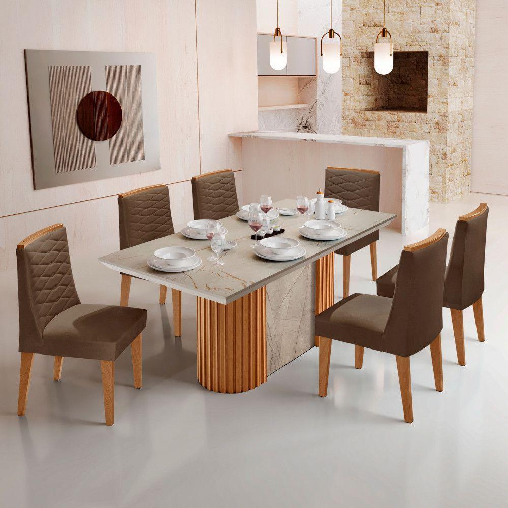 Mesa De Jantar Aspen 180cm Tampo Bp Canto Reto 6 Cadeiras Eloise Veludo Marrom Gris Royale - 1