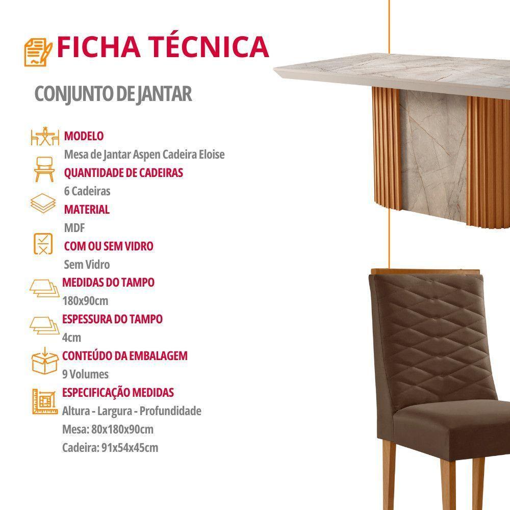 Mesa De Jantar Aspen 180cm Tampo Bp Canto Reto 6 Cadeiras Eloise Veludo Marrom Gris Royale - 2