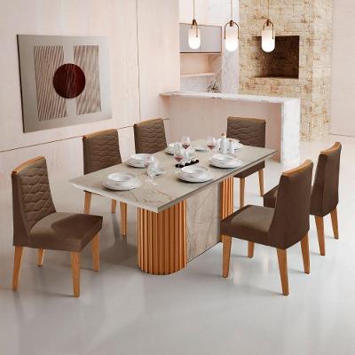Mesa De Jantar Aspen 180cm Tampo Bp Canto Reto 6 Cadeiras Eloise Veludo Marrom Gris Royale