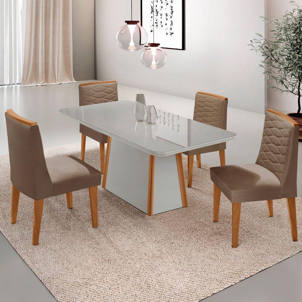 Mesa De Jantar Diane 120cm Tampo Mdf Vidro Cadeiras Eloise Moderna Veludo Capuccino Off White Naturale Serigrafia - 1