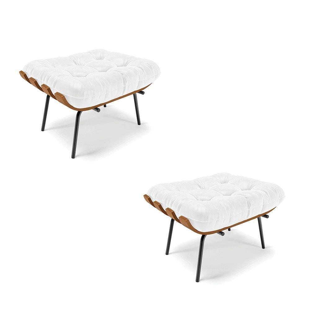 Kit 02 Puffs Costela Corano Branco Base Metálica Preto - 1