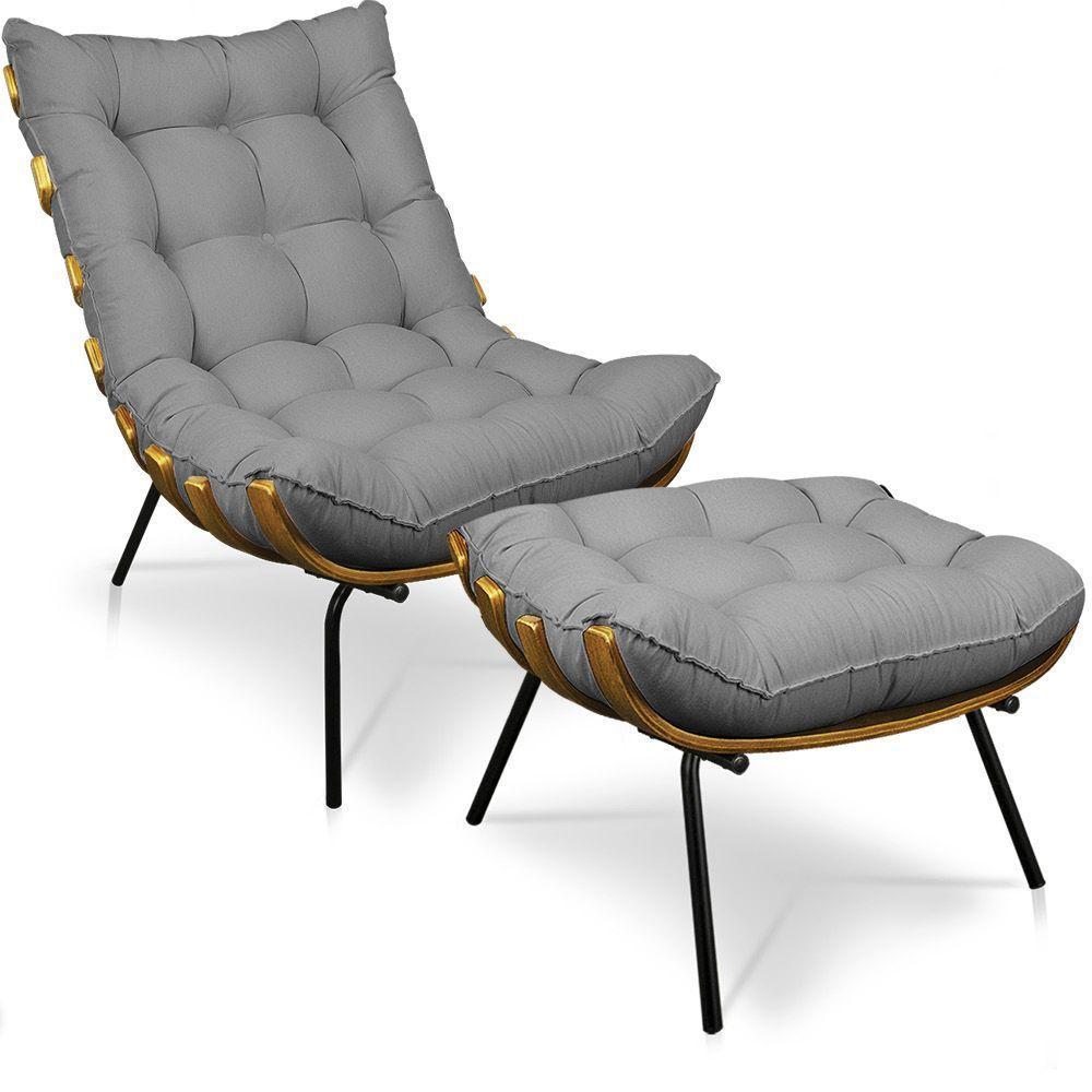 Kit 01 Poltrona E 01 Puff Costela Linho Base De Metal - D'Rossi A26 Grafite - 1