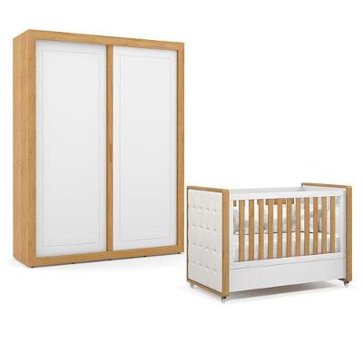 Berço Americano Com Capitonê New Boucle E Guarda Roupa Tutto New 2 Portas Freijó Branco Acetinado - Matic