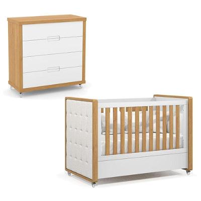 Berço Americano Com Capitonê New Boucle E Cômoda Gaveteiro Infantil Tutto New Freijó Branco Acetinado - Matic