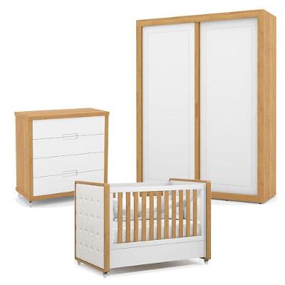 Quarto De Bebe 2 Portas Tutto New Com Capitonê New Boucle E Gaveteiro Freijó Branco Acetinado - Matic