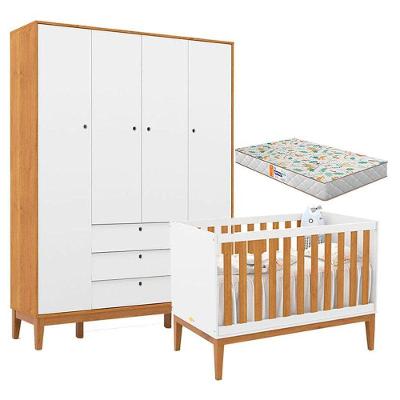 Berço Americano E Guarda Roupa Unique 4 Portas Branco Soft Freijó Eco Wood Com Colchão Gazin