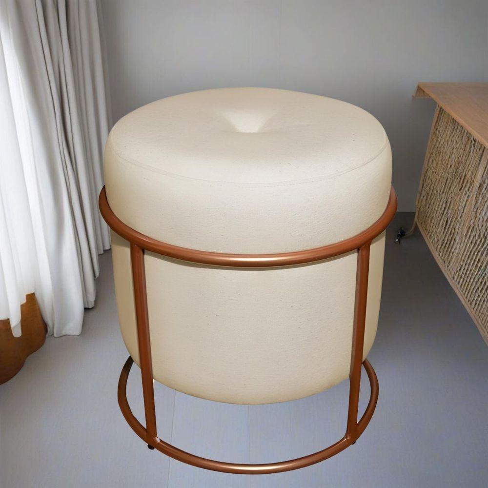 Puff Decorativo Redondo Para Sala Argola Ian Bege Bronze Linho - 2