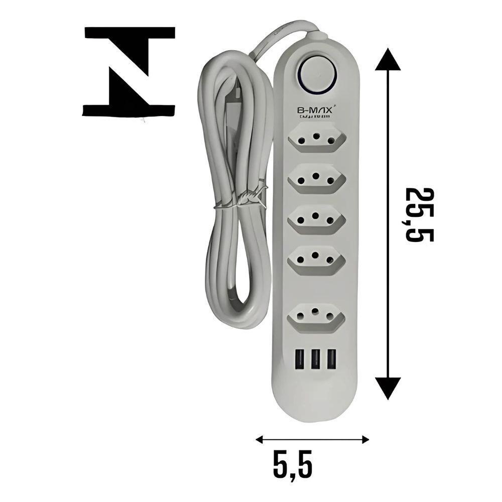 Filtro De Linha C- 3 Entradas Usb - 5 Tomadas - Tripolar - B-max - 4