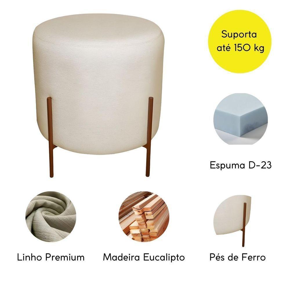 Puff Decorativo Redondo Para Sala Pés De Ferro Elon Bege Bronze Linho - 4