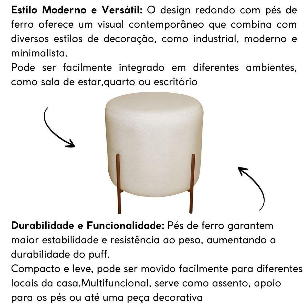 Puff Decorativo Redondo Para Sala Pés De Ferro Elon Bege Bronze Linho - 5
