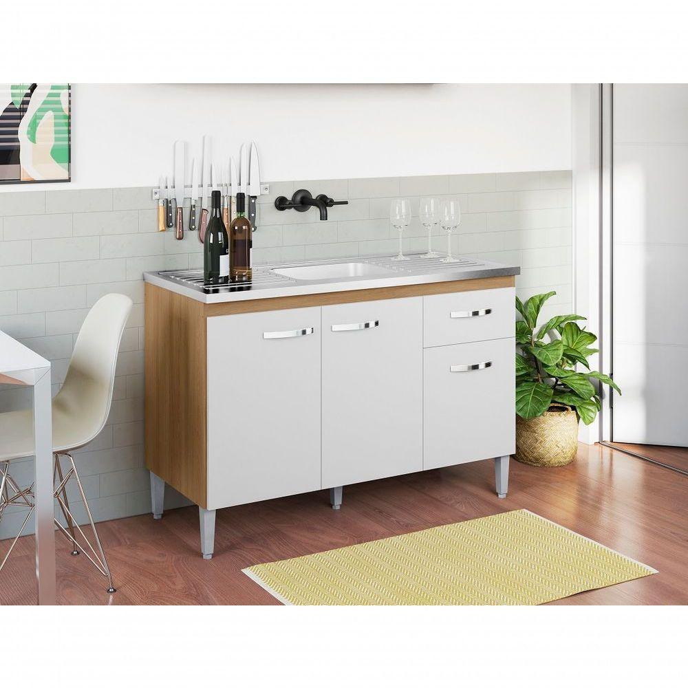 Balcão Armário De Cozinha Gabriela 120cm Amêndoa-branco S-tampo - Ajl Móveis - 1