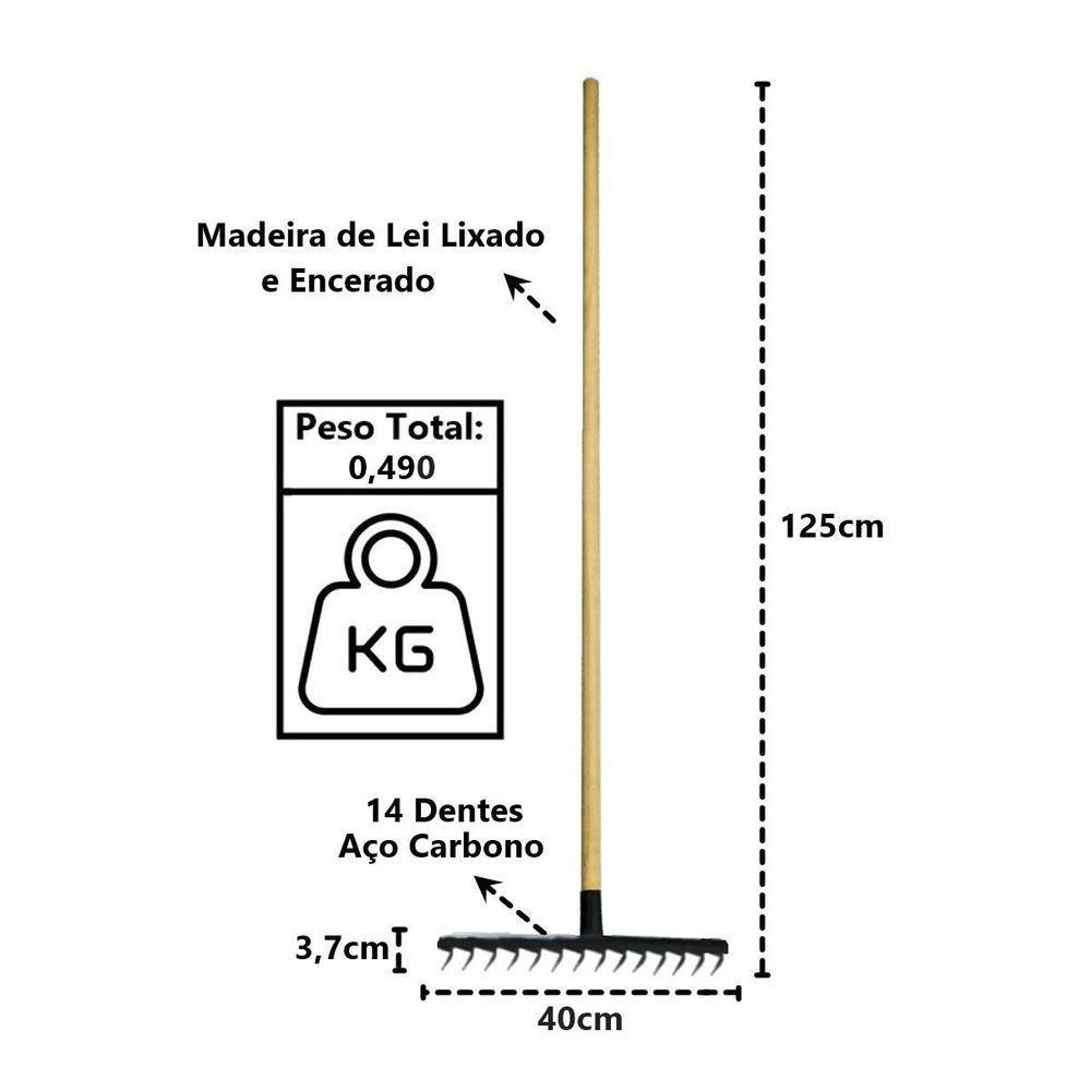 Ancinho 14 Dentes Aço Carbono Cabo Madeira Pra Limpeza 125cm - 3