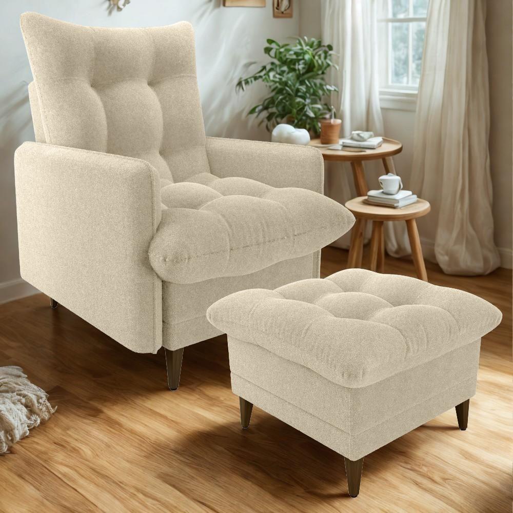 Poltrona De Amamentaçao E Puff Montreal Boucle F492 Milani Store Natural - 2